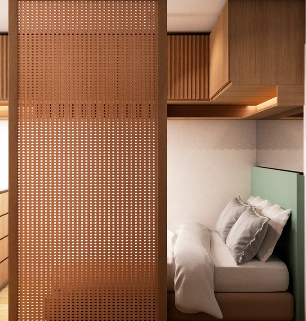 A kitnet projetada pelo arquiteto Gustavo Rezende tem estilo minimalista e paleta neutra (Foto: Studio Shed / Divulgação)