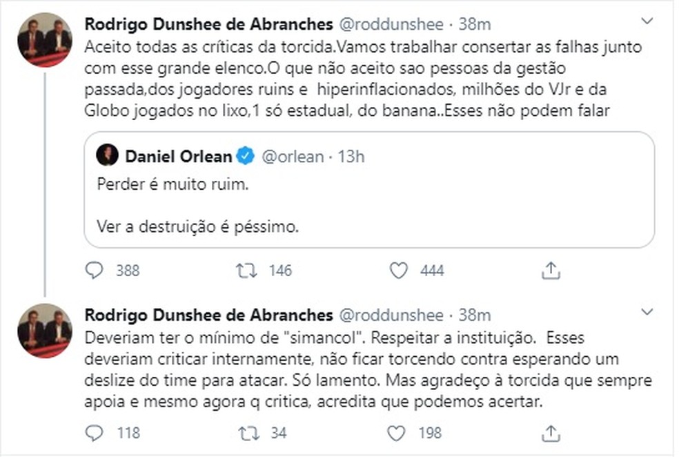 Cartolas do Flamengo trocam tuítes depois da eliminação na Libertadores — Foto: Reprodução