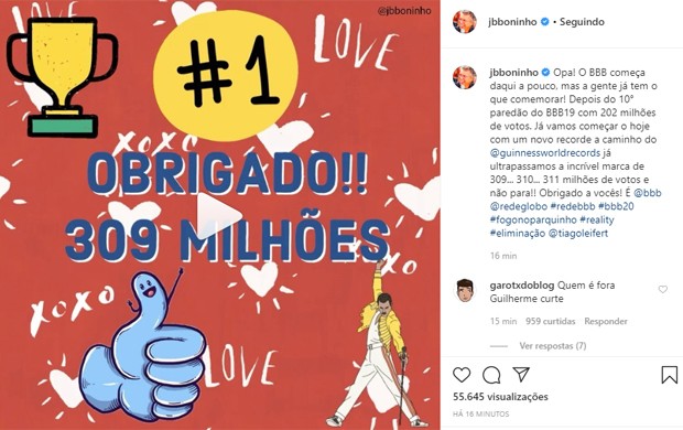 Boninho celebra número recorde de votos  (Foto: Reprodução/Instagram)