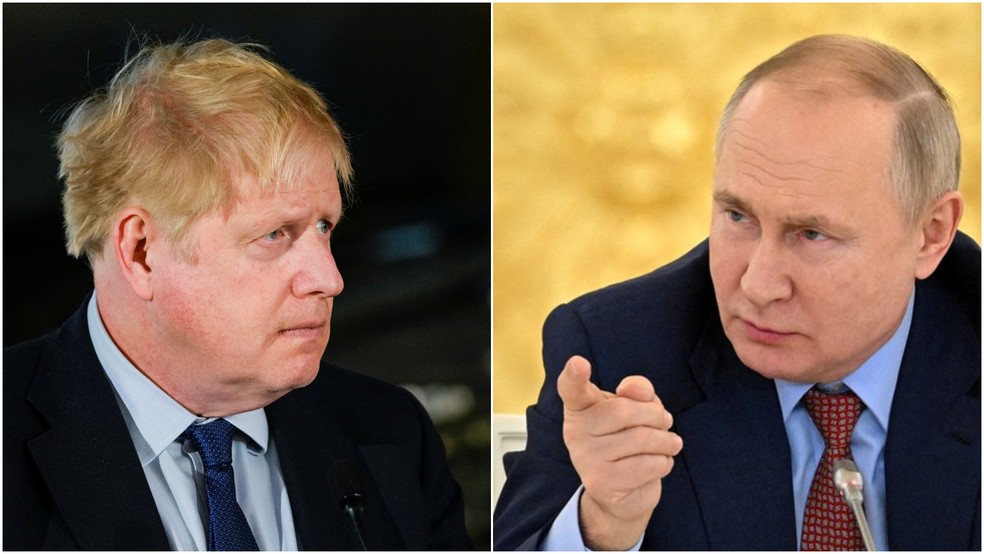 O premiê britânico Boris Johnson e o presidente da Rússia, Vladimir Putin — Foto: Ints Kalnins/Reuters e Sputnik/Aleksey Nikolskyi/Kremlin/Reuters