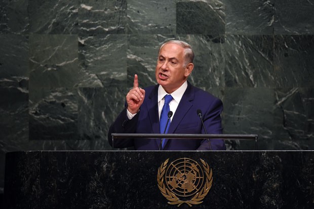O primeiro-ministro de Israel, Benjamin Netanyahu, durante seu discurso na ONU nesta quinta-feira (1º)  (Foto: Jewel Samad/AFP)