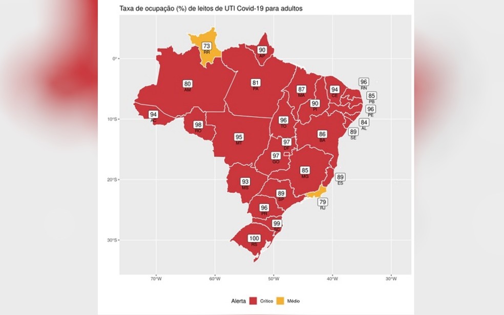 Estudo da Fiocruz mostra Goiás na quarta posição com maior taxa de ocupação de UTIs do Brasil — Foto: Reprodução/Fiocruz