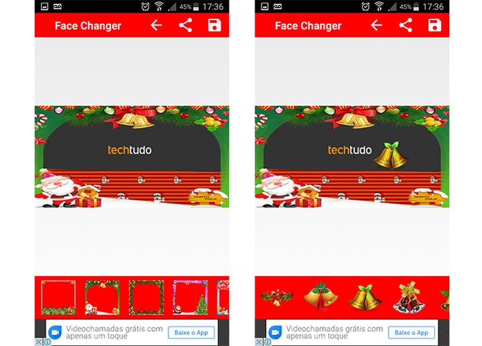 Aplicativo Christmas Face Changer tem opção para desenhos, adesivos, textos e molduras natalinas (Foto: Reprodução/Barbara Mannara)