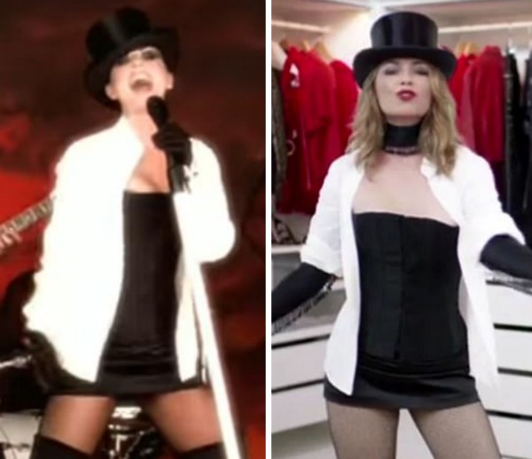 A cantora Shania Twain no clipe de 1999 e hoje, com o mesmo vestido (Foto: Reprodução)