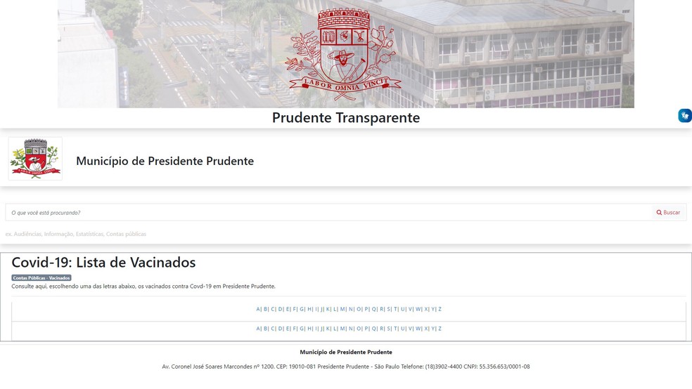 Lista foi publicada no Portal da Transparência de Presidente Prudente — Foto: Reprodução