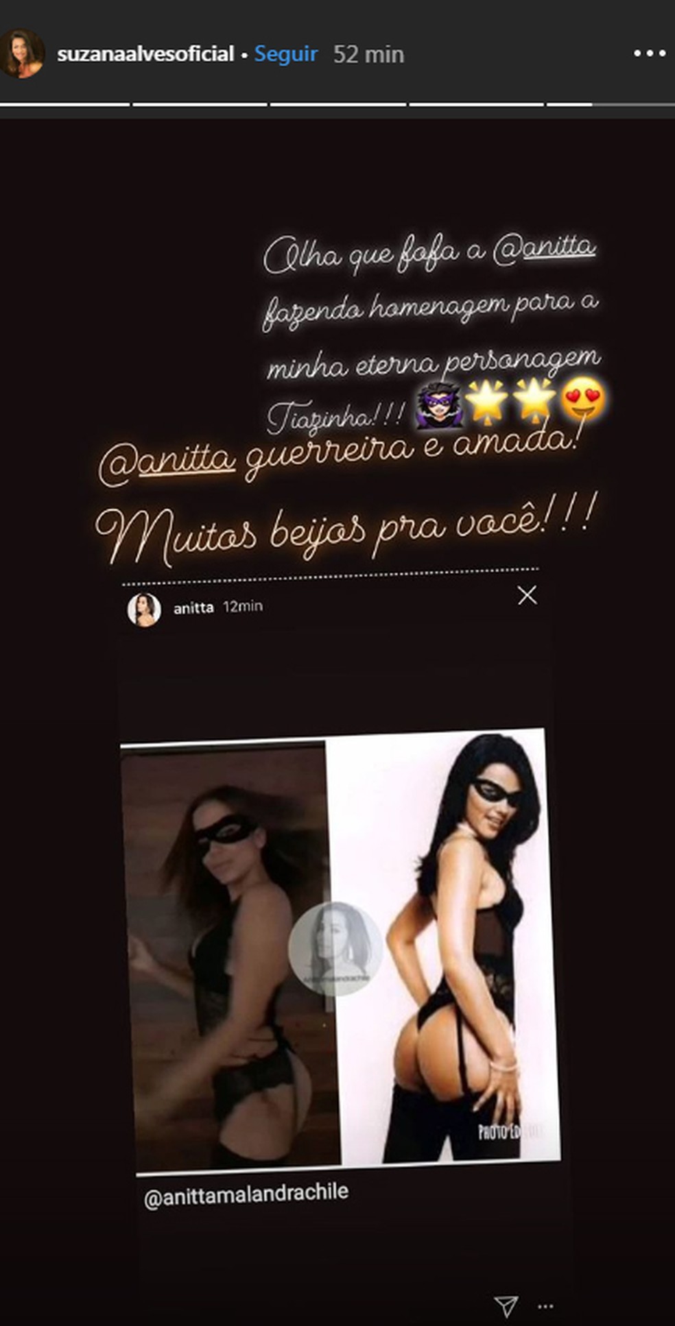 Suzana Alves agradece a homenagem de Anitta — Foto: Reprodução/ Instagram