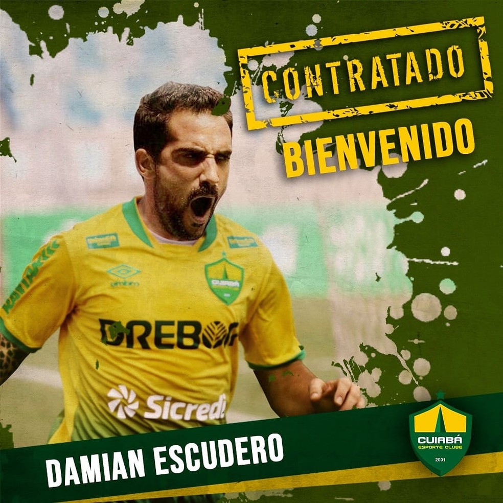 Cuiabá divulgou nas suas redes sociais uma arte com Damian Escudero vestindo as cores do clube — Foto: AssCom Dourado