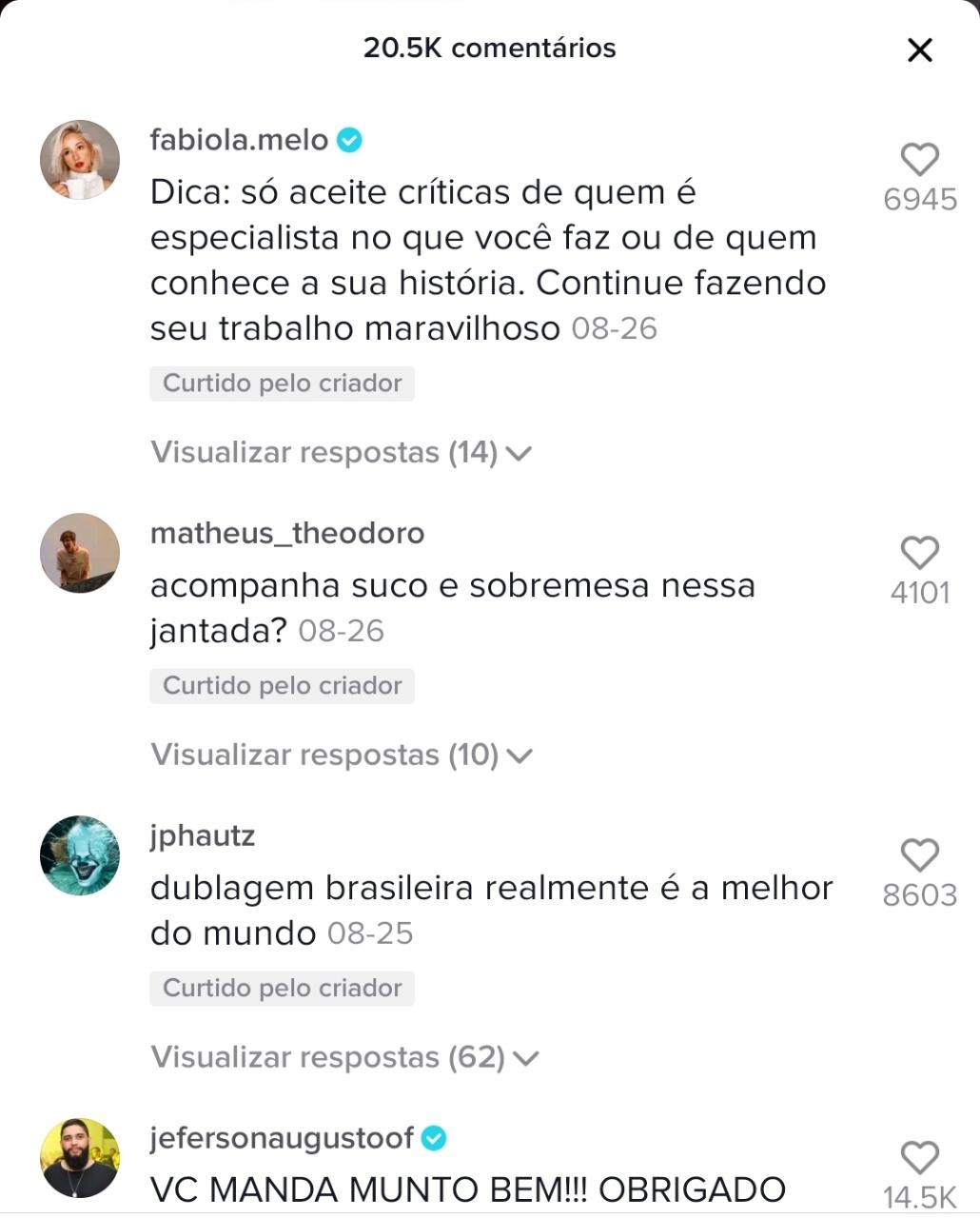 Chuva de comentários em apoio ao trabalho de Isabelle Cunha lotam o vídeo nas redes sociais (Foto: Reprodução: Tik ToK)