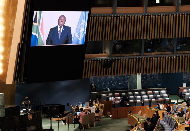 Cyril Ramaphosa, presidente da África do Sul, discursa em evento da ONU em Nova York (Foto:  Spencer Platt / Getty Images)