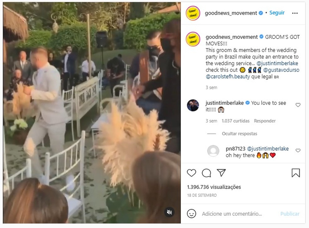 Noivo brasileiro chama a atenção de Justin Timberlake ao dançar durante entrada de casamento na Grande BH — Foto: Redes sociais