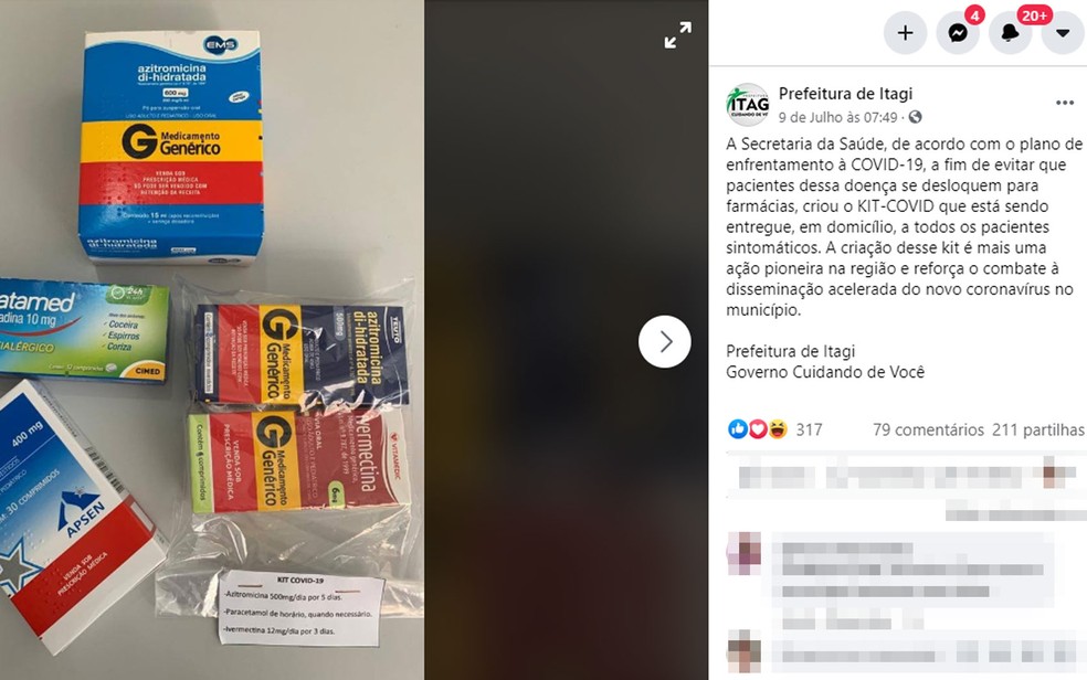 Secretaria de Itagi, na Bahia, cria 'Kit Covid' com remédios para pessoas sintomáticas e faz anúncio pelas redes sociais — Foto: Reprodução/Facebook