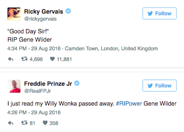 As homenagen de Ricky Gervais e Freddie Prinze Jr a Gene Wilder (Foto: Twitter)