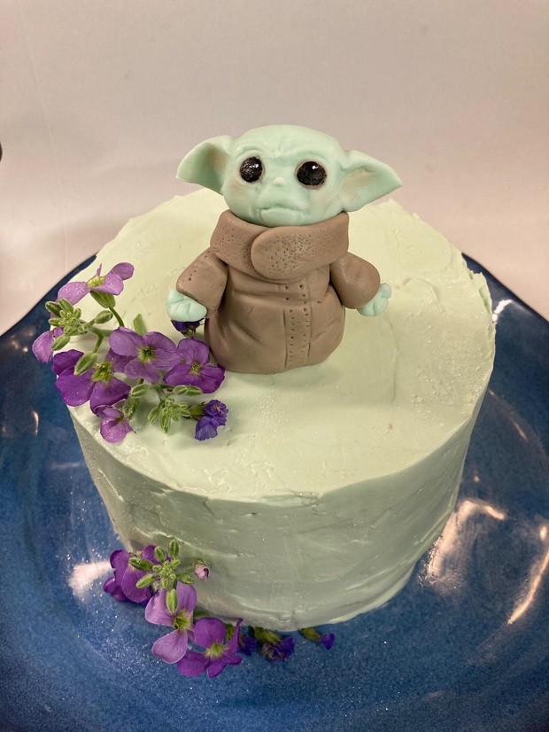 Nem só de coxinhas vive Shirley Candido: ela também faz doces e este é um bolo com o personagem popularmente conhecido como "baby Yoda", da série Mandalorian (Foto: Divulgação)
