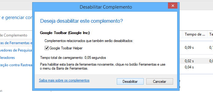 Confirme que deseja desativar o Google Toolbar (Foto: Reprodução/Helito Bijora) 