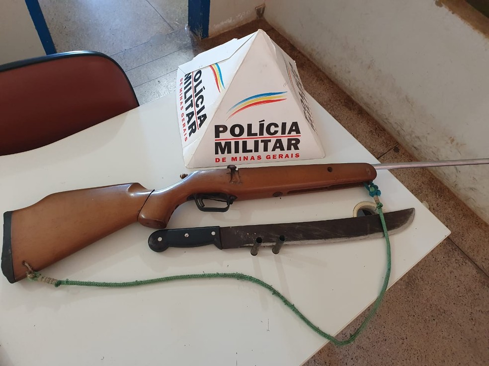Armas apreendidas pela PM em Bonfinópolis de Minas, após jovem atirar no próprio pai — Foto: Polícia Militar/Divulgação