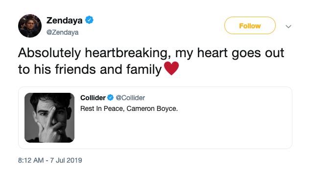 O post da atriz Zendaya lamentando a morte do ator Cameron Boyce (Foto: Twitter)