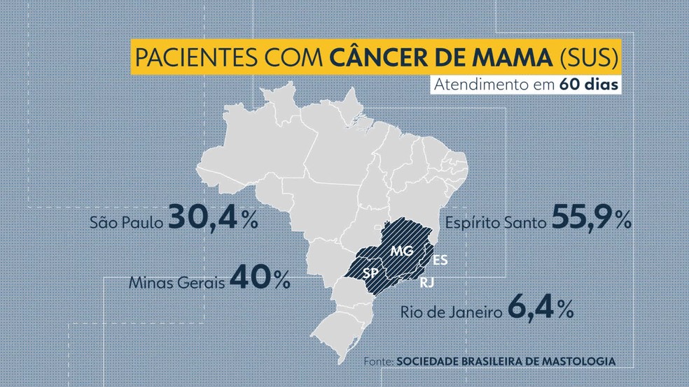Arte mostra que os estados do Sudeste não cumprem a Lei dos 60 dias no tratamento de câncer de mama — Foto: Reprodução/TV Globo