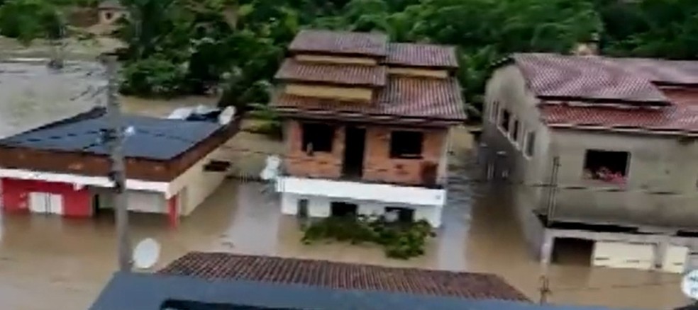 Casas ficaram submersas após chuva em Jucurçu, na Bahia — Foto: Reprodução / TV Bahia