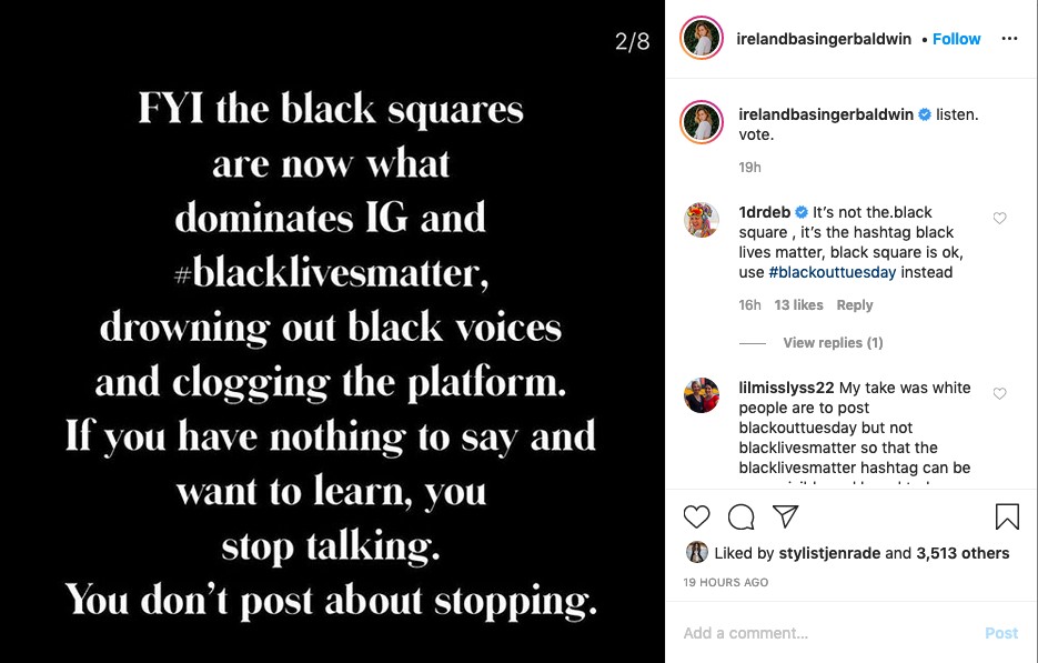 Um dos posts de Ireland Baldwin em solidariedade ao movimento Black Lives Matter e aos protestos contra a morte de George Floyd nos EUA (Foto: Instagram)