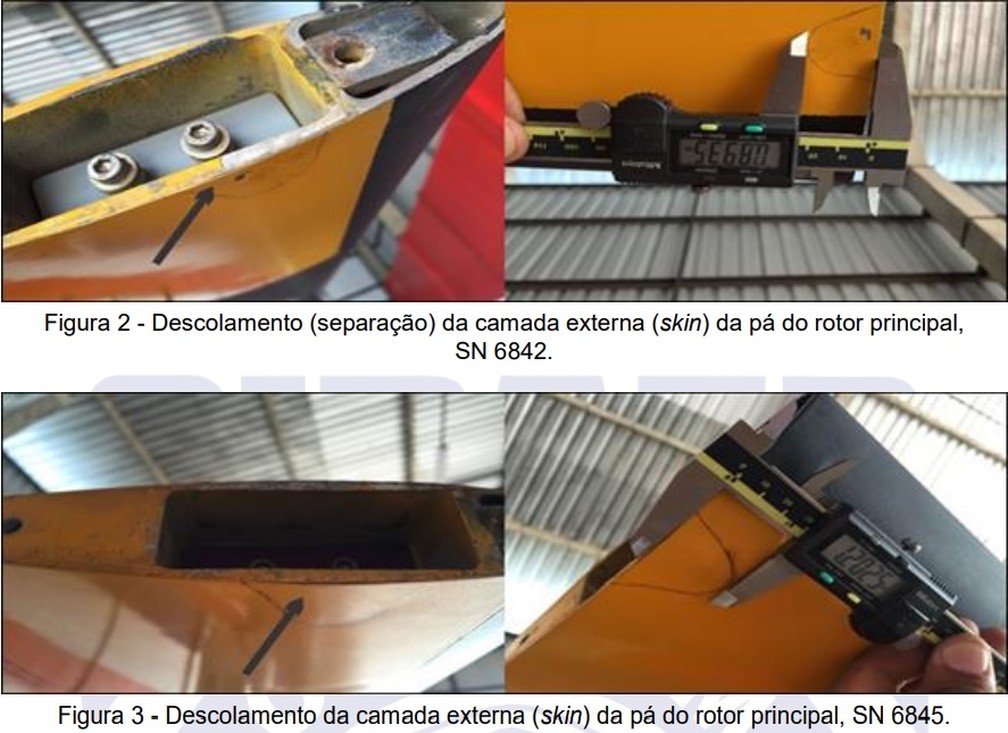 Relatório apontou descolamentos em peças do helicóptero R44 II, que caiu em uma fazenda em Rosário, em 2018 — Foto: Reprodução