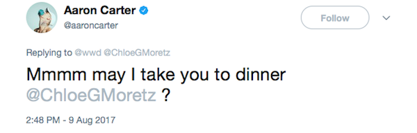 O convite de Aaron Carter propondo um encontro à atriz Chloe Grace Moretz (Foto: Twitter)