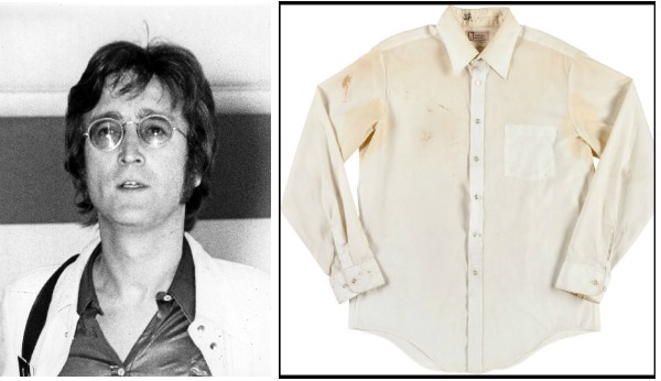O músico John Lennon e a camisa utilizada pelo porteiro de seu prédio (Foto: Getty Images/Reprodução)