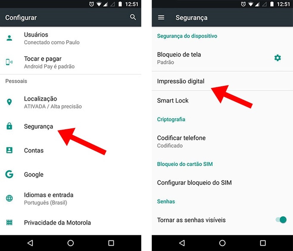 Acesse as configurações de digitais (Foto: Reprodução/Paulo Alves)