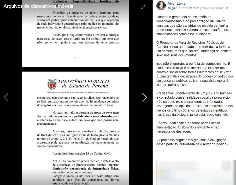 Advogado de Nathan publicou trecho do parecer no Facebook (Foto: Reprodução/Facebook)