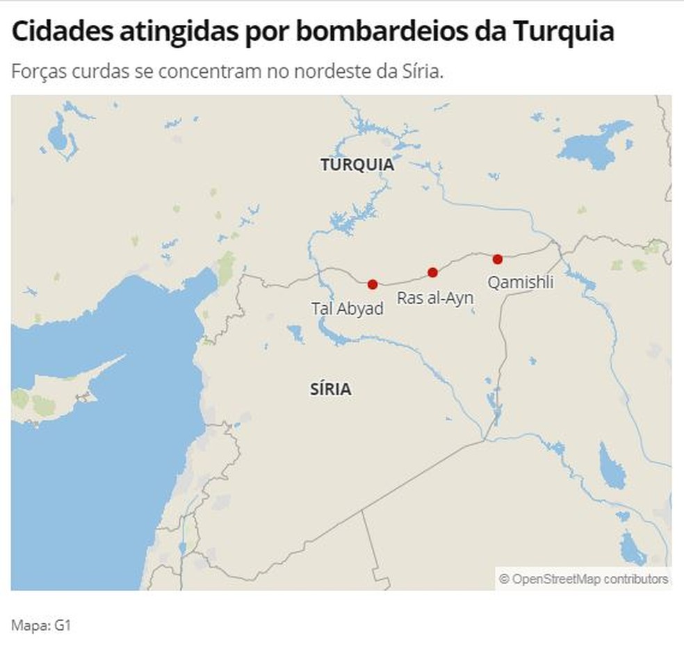 Localidades atingidas pela ofensiva turca desta quarta-feira (9) — Foto: G1 Mundo