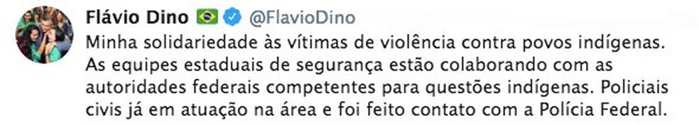 Governador do Maranhão, Flávio Dino (PCdoB) se manifesta nas redes sociais sobre o atentado contra indígenas no Maranhão. — Foto: Divulgação/Redes Sociais