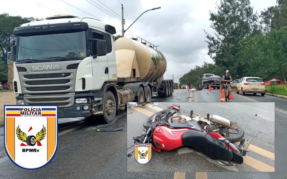 Motociclista de 40 anos morre após veículo derrapar na pista e bater de frente com carreta em Piranguinho — Foto: Polícia Militar Rodoviária