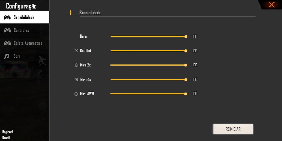 Na aba "Sensibilidade", modifique as barras para aumentar ou diminuir — Foto: Reprodução/Cleiton Madruga