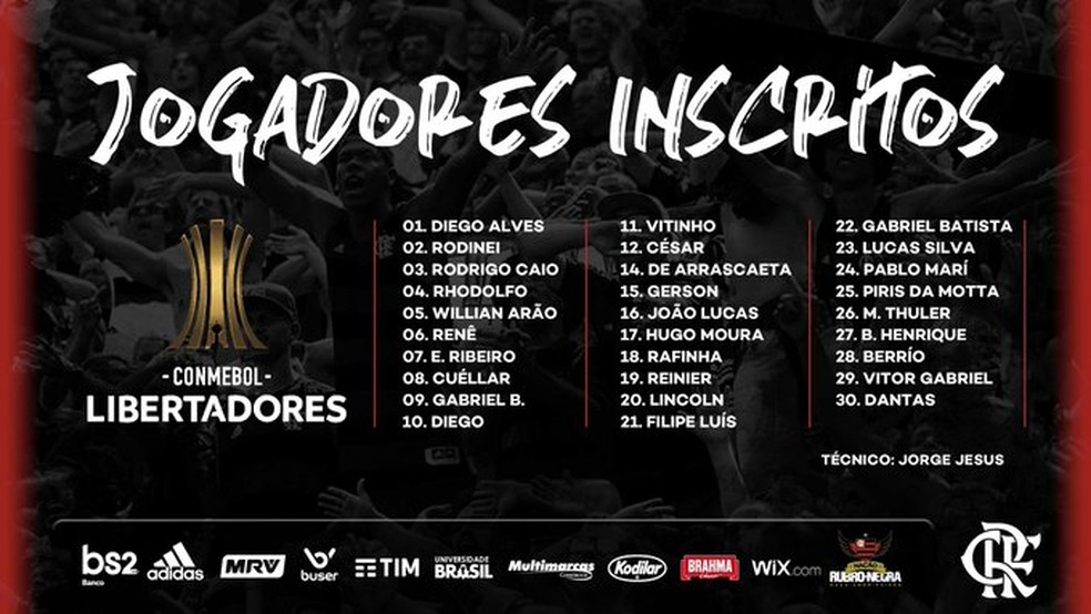 Todos os 29 jogadores inscritos pelo Flamengo para as quartas de final da Libertadores — Foto: Reprodução/Twitter