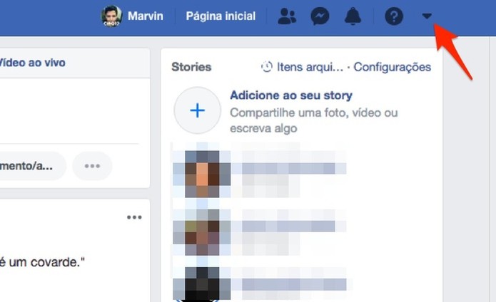Ação para visualizar as opções do Facebook (Foto: Reprodução/Marvin Costa) Ação para visualizar as opções do Facebook (Foto: Reprodução/Marvin Costa)