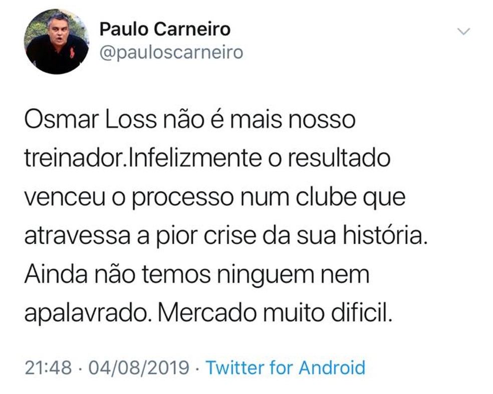 Paulo Carneiro anuncia demissÃ£o de Osmar Loss â Foto: ReproduÃ§Ã£o