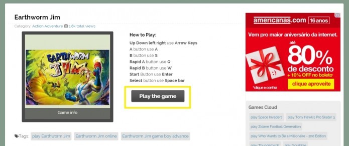 GBA Fun: Verifique os controles do jogo e clique em Play the game quando estiver pronto para iniciar (Foto: Reprodução/Paulo Vasconcellos)