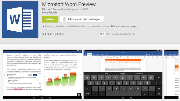Word é um dos três apps do Office disponíveis para tablets Android (Reprodução/Google Play)