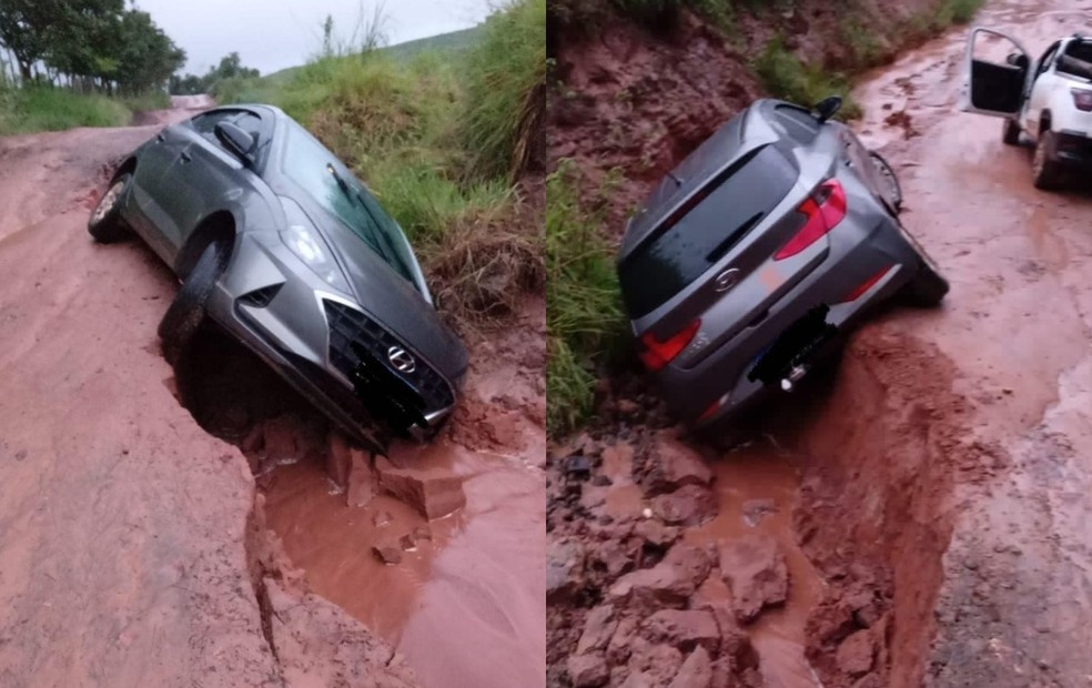 Temporal abre crateras em estrada vicinal de Tejupá — Foto: Piraju em Foco/ Reprodução 