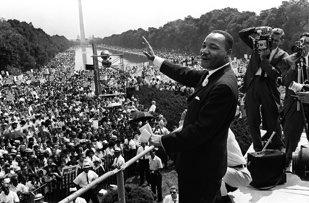 Martin Luther King Jr em 28 de agosto de 1963, quando fez seu icônico discurso "I have a dream" — Foto: AFP PHOTO