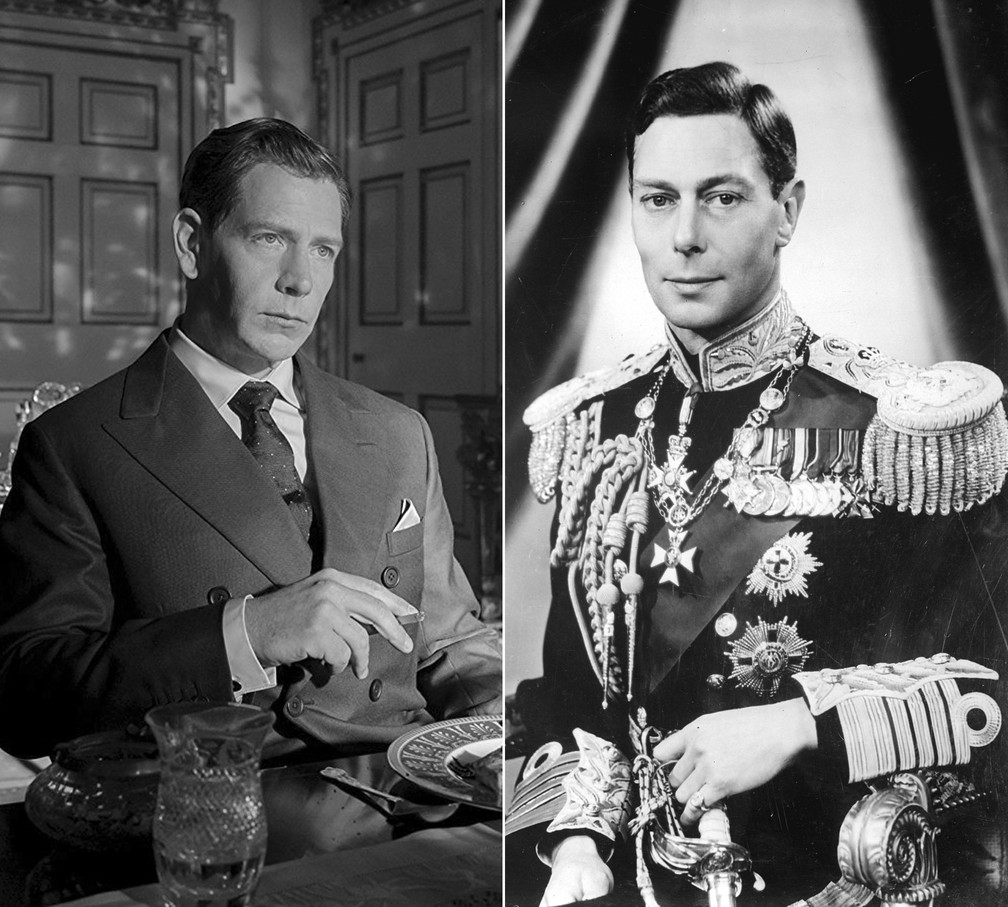 À esquerda: o ator Ben Mendelsohn como George VI em 'O destino de uma nação'; à direita, o próprio rei George VI (Foto: Divulgação e Viollet Lapi/AFP/Arquivo)