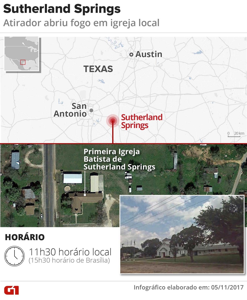 Mapa mostra local onde ficava igreja em que atirador deixou mortos e feridos no Texas (Foto: Igor Estrella/G1)