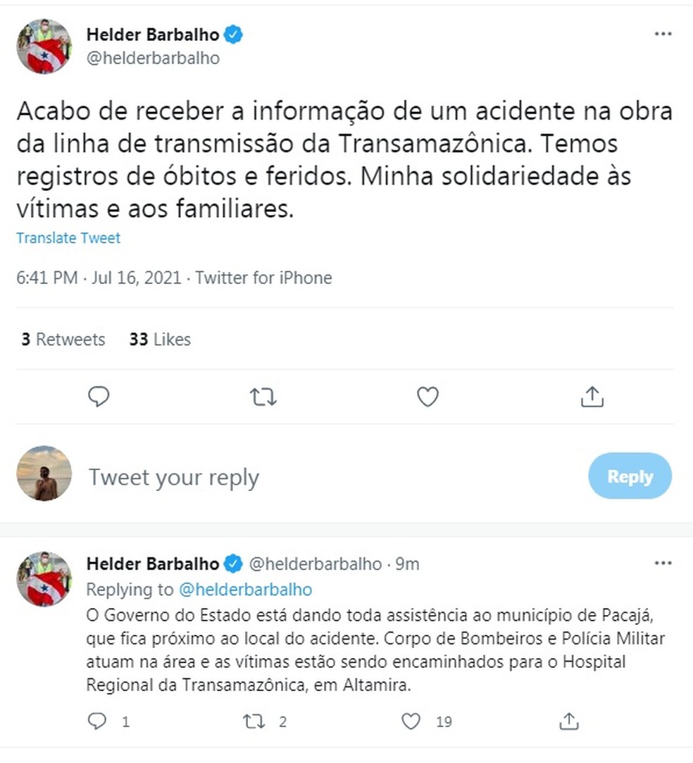 Helder Barbalho fala sobre queda de torre de transmissão no Pará. — Foto: Reprodução / Twitter