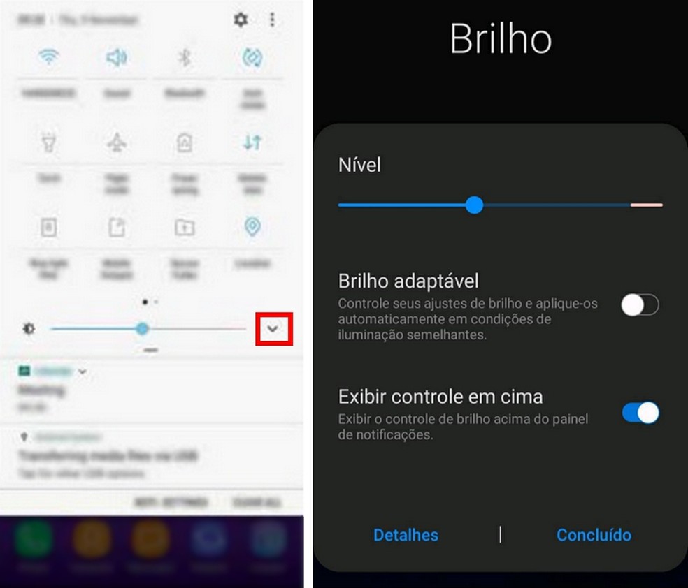 Ação para colocar o controle de brilho acima das notificações nos dispositivos Samsung — Foto: Reprodução/Samsung