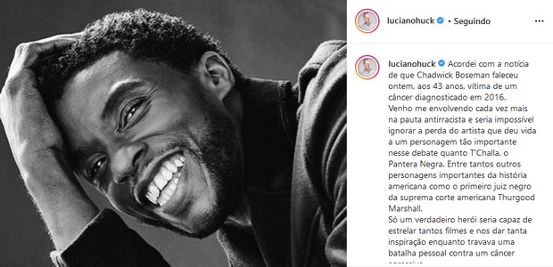 Luciano Huck lamenta a morte de Chadwick Boseman (Foto: Reprodução/Instagram)