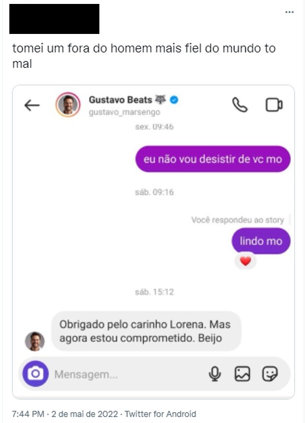 Seguidora toma fora de ex-BBB Gustavo Marsengo, comprometido com Lais Caldas (Foto: Reprodução/Twitter)