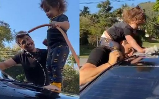 Julio Rocha mostra filho lavando o carro com ele e encanta a web; vídeo