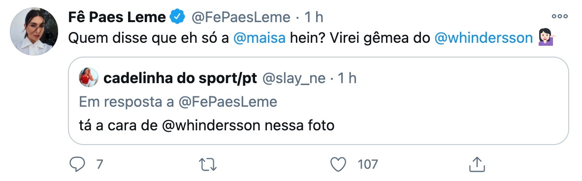 Fernanda Paes Leme recebe comentários que está parecida com Whindersson Nunes (Foto: reprodução/Twitter)