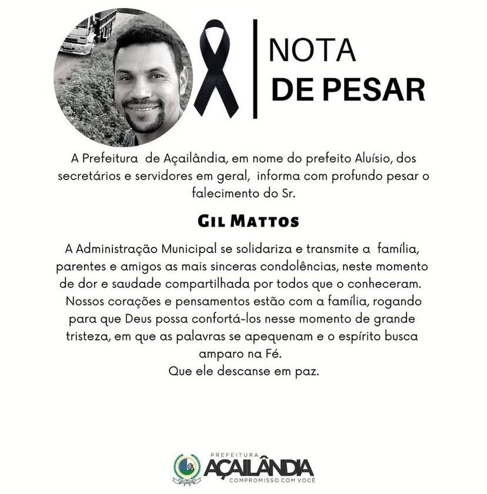 Nota de pesar lamentando a morte de Gil Mattos — Foto: Reprodução/Redes sociais