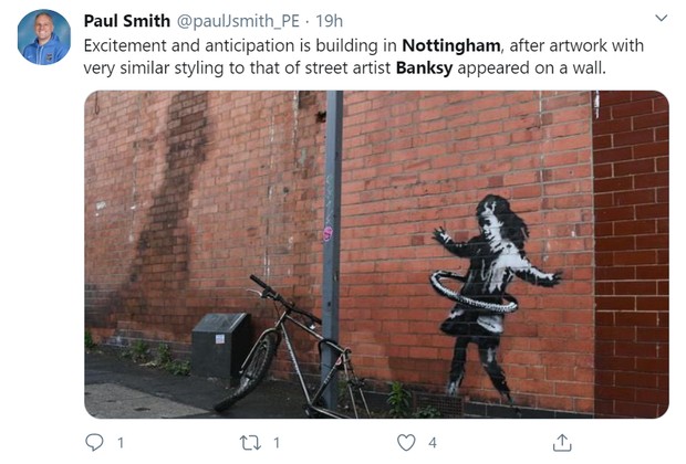 Novo grafite possivelmente pintado por Banksy é vandalizado em Nottingham (Foto: Reprodução / Twitter)