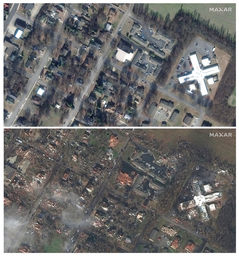 Montagem mostra casas e edifícios em Mayfield, Kentucky, em 28 de janeiro de 2017, no topo e abaixo no sábado, 11 de dezembro de 2021, depois que um tornado causou grandes danos na área — Foto: Satellite image ©2021 Maxar Technologies via AP